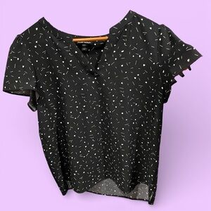 Cute black confetti hearts v-notch flowy flutter sleeve blouse Hilary Radley